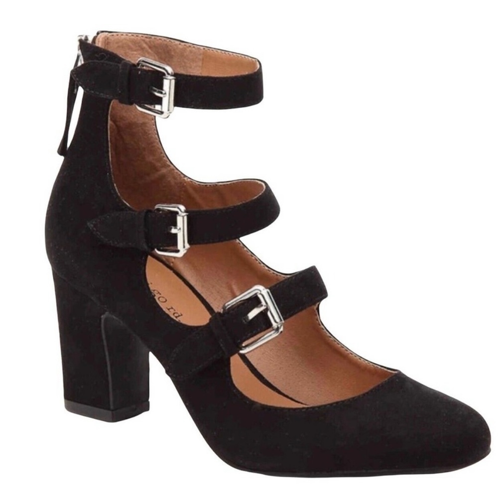 Indigo Black Suede Triple-Strap Block Heel Pumps